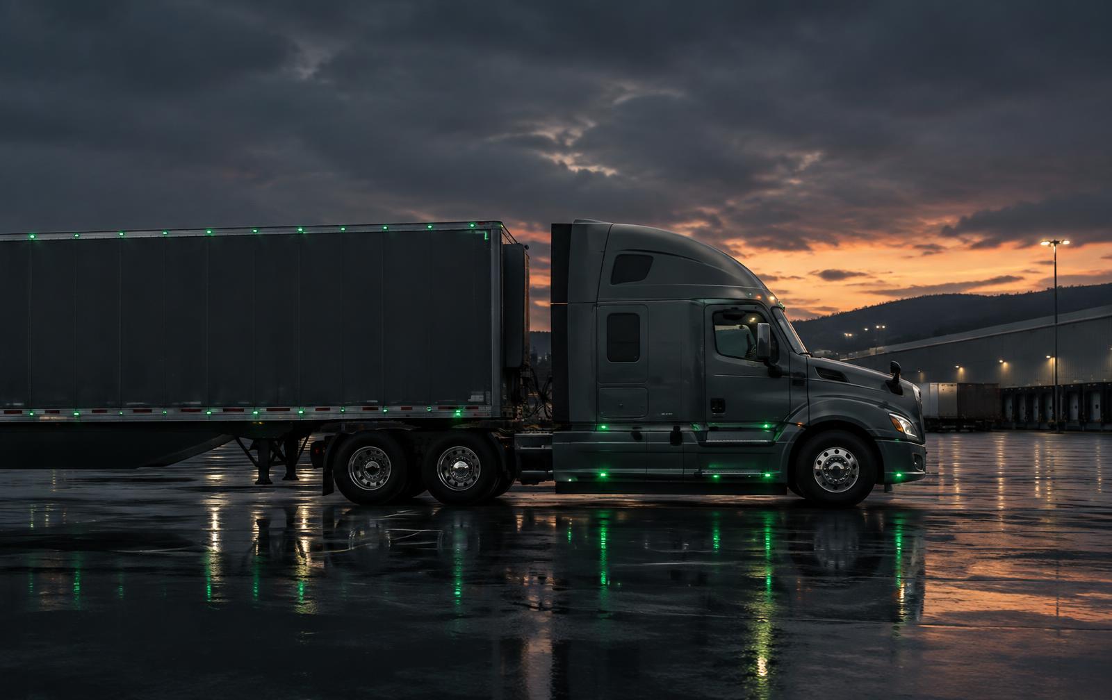 Semi truck in an industrial freight yard